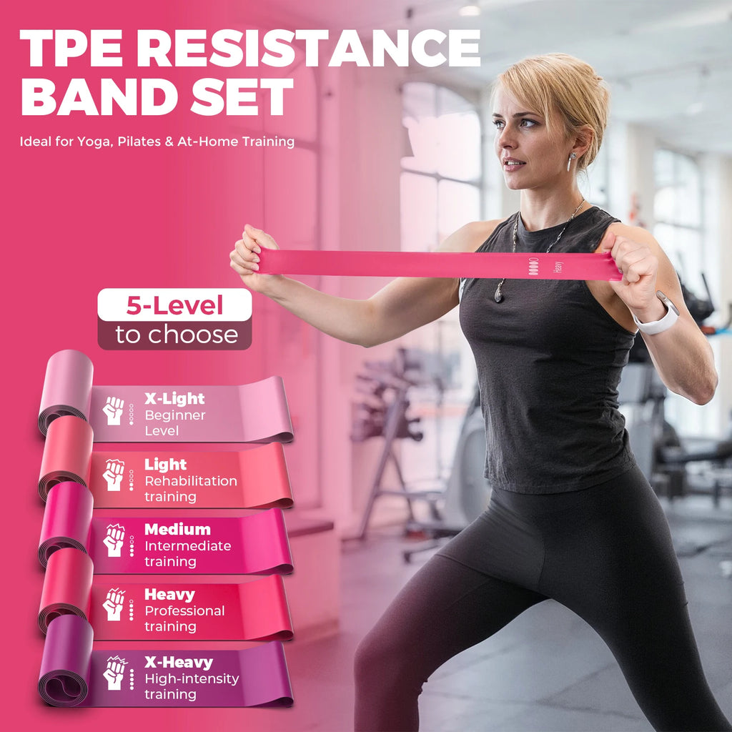 5 Levels TPE Resistance Bands Set – Fitness Exercise Bands for Home Workout, Yoga, Pilates, Physical Therapy, Strength Training