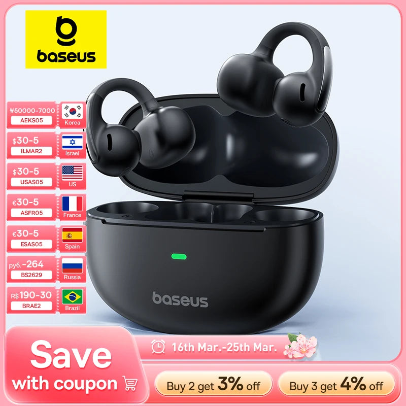 Baseus Bowie MC1 Ear Clip Wireless Earphones Bluetooth 5.4 Open-Ear Headphones Clip-On Sports Earbuds  IP57 Waterproof AI-Bass